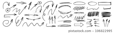 Charcoal hand drawn pencil arrows, scribbles and circle boxes. Doodle curved chalk darts. Texture design elements of scribble lines. Vector illustration of hand painted crayon check lines. 106822995