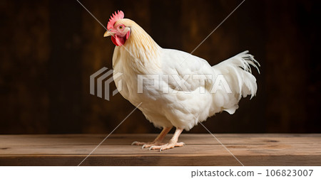 White hen posing, Laying hens farmers concept. Domestic chicken. White hen posing, Laying hens farmers concept. Domestic chicken. 106823007