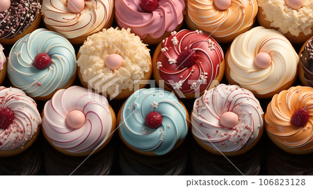 Assorted and collage of delicious glazed donuts, a popular dessert, TOP view,  photo for pastry shop and cafe menu 106823128