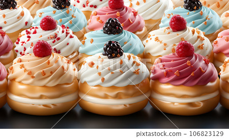 Assorted and collage of delicious glazed donuts, a popular dessert, TOP view,  photo for pastry shop and cafe menu 106823129