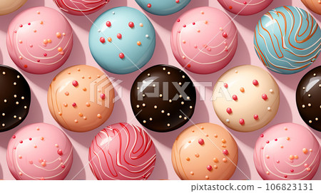 Assorted and collage of delicious glazed donuts, a popular dessert, TOP view,  photo for pastry shop and cafe menu 106823131