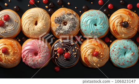 Assorted and collage of delicious glazed donuts, a popular dessert, TOP view,  photo for pastry shop and cafe menu 106823147