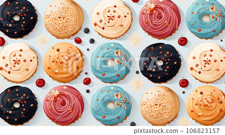 Assorted and collage of delicious glazed donuts, a popular dessert, TOP view, photo for pastry shop and cafe menu Assorted and collage of delicious glazed donuts, a popular dessert, TOP view, photo for pastry shop and cafe menu 106823157