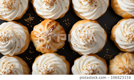 Assorted and collage of delicious glazed donuts, a popular dessert, TOP view, photo for pastry shop and cafe menu Assorted and collage of delicious glazed donuts, a popular dessert, TOP view, photo for pastry shop and cafe menu 106823158