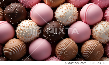 Assorted and collage of delicious glazed donuts, a popular dessert, TOP view,  photo for pastry shop and cafe menu 106823160