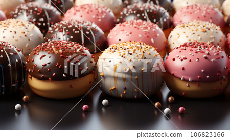 Assorted and collage of delicious glazed donuts, a popular dessert, TOP view,  photo for pastry shop and cafe menu 106823166