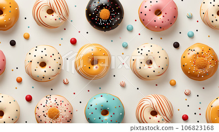 Assorted and collage of delicious glazed donuts, a popular dessert, TOP view,  photo for pastry shop and cafe menu 106823168