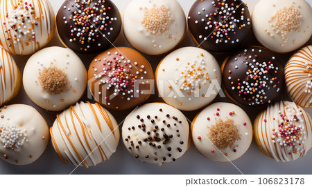 Assorted and collage of delicious glazed donuts, a popular dessert, TOP view,  photo for pastry shop and cafe menu 106823178