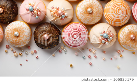 Assorted and collage of delicious glazed donuts, a popular dessert, TOP view,  photo for pastry shop and cafe menu 106823179