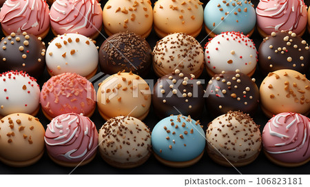 Assorted and collage of delicious glazed donuts, a popular dessert, TOP view,  photo for pastry shop and cafe menu 106823181
