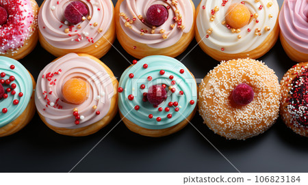 Assorted and collage of delicious glazed donuts, a popular dessert, TOP view,  photo for pastry shop and cafe menu 106823184