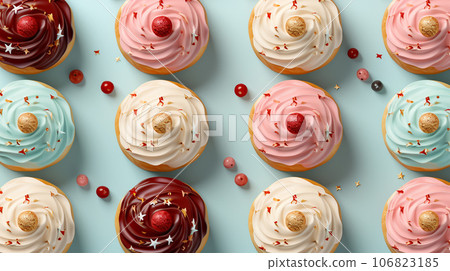 Assorted and collage of delicious glazed donuts, a popular dessert, TOP view,  photo for pastry shop and cafe menu 106823185