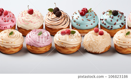 Assorted and collage of delicious glazed donuts, a popular dessert, TOP view,  photo for pastry shop and cafe menu 106823186