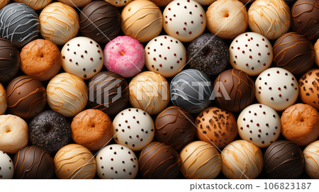 Assorted and collage of delicious glazed donuts, a popular dessert, TOP view,  photo for pastry shop and cafe menu 106823187