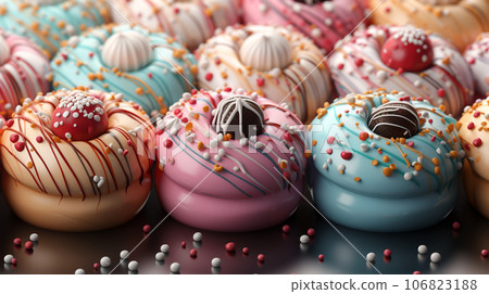 Assorted and collage of delicious glazed donuts, a popular dessert, TOP view,  photo for pastry shop and cafe menu 106823188