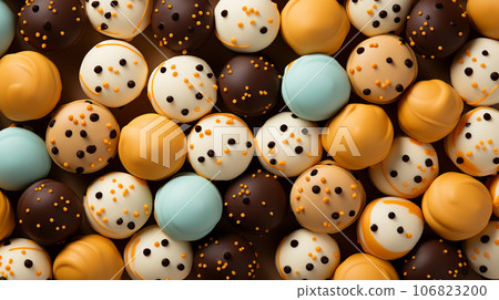 Assorted and collage of delicious glazed donuts, a popular dessert, TOP view, photo for pastry shop and cafe menu Assorted and collage of delicious glazed donuts, a popular dessert, TOP view, photo for pastry shop and cafe menu 106823200