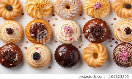Assorted and collage of delicious glazed donuts, a popular dessert, TOP view,  photo for pastry shop and cafe menu 106823205