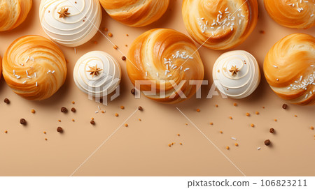 Assorted and collage of delicious glazed donuts, a popular dessert, TOP view,  photo for pastry shop and cafe menu 106823211