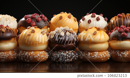Assorted and collage of delicious glazed donuts, a popular dessert, TOP view,  photo for pastry shop and cafe menu 106823213