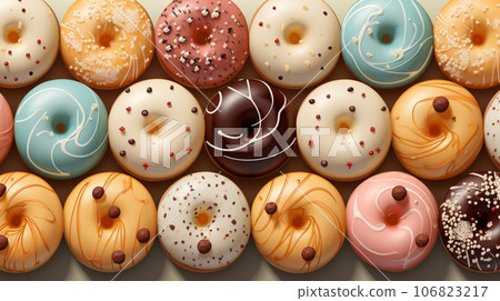 Assorted and collage of delicious glazed donuts, a popular dessert, TOP view,  photo for pastry shop and cafe menu 106823217