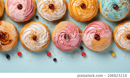 Assorted and collage of delicious glazed donuts, a popular dessert, TOP view, photo for pastry shop and cafe menu Assorted and collage of delicious glazed donuts, a popular dessert, TOP view, photo for pastry shop and cafe menu 106823218