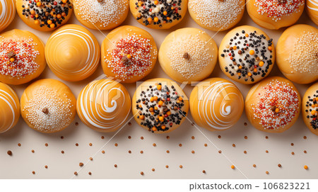 Assorted and collage of delicious glazed donuts, a popular dessert, TOP view,  photo for pastry shop and cafe menu 106823221