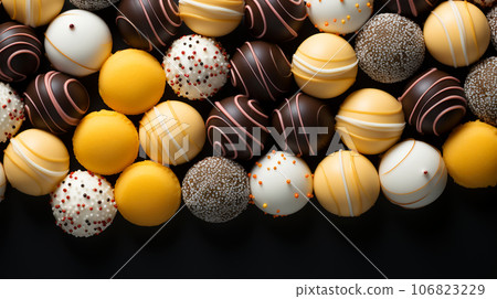 Assorted and collage of delicious glazed donuts, a popular dessert, TOP view, photo for pastry shop and cafe menu Assorted and collage of delicious glazed donuts, a popular dessert, TOP view, photo for pastry shop and cafe menu 106823229