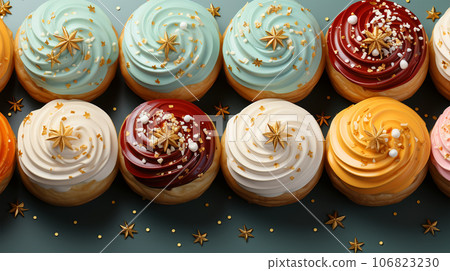 Assorted and collage of delicious glazed donuts, a popular dessert, TOP view, photo for pastry shop and cafe menu Assorted and collage of delicious glazed donuts, a popular dessert, TOP view, photo for pastry shop and cafe menu 106823230