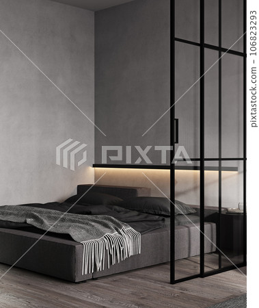 Dark bedroom interior with gray wall, stylish bed, wall light and partition, 3d render Dark bedroom interior with gray wall, stylish bed, wall light and partition, 3d render 106823293
