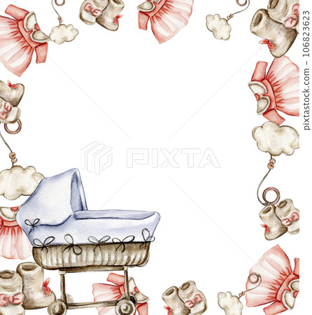 Toys frame, watercolor illustration for cards, backgrounds. Watercolor illustration for scrapbooking. Cartoon hand drawn background with toys for kids design. Perfect for wedding invitation. 106823623