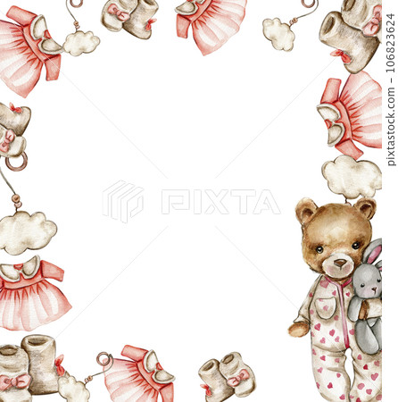 Toys frame, watercolor illustration for cards, backgrounds. Watercolor illustration for scrapbooking. Cartoon hand drawn background with toys for kids design. Perfect for wedding invitation. 106823624