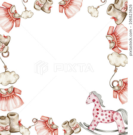 Toys frame, watercolor illustration for cards, backgrounds. Watercolor illustration for scrapbooking. Cartoon hand drawn background with toys for kids design. Perfect for wedding invitation. Toys frame, watercolor illustration for cards, backgrounds. Watercolor illustration for scrapbooking. Cartoon hand drawn background with toys for kids design. Perfect for wedding invitation. 106823626