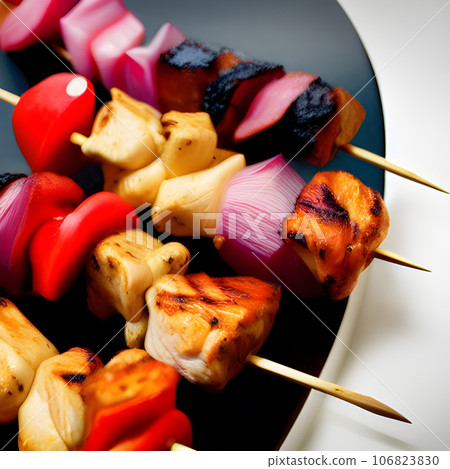 Barbecue, chicken kebab with vegetables, close up view. grilled meat skewers 106823830