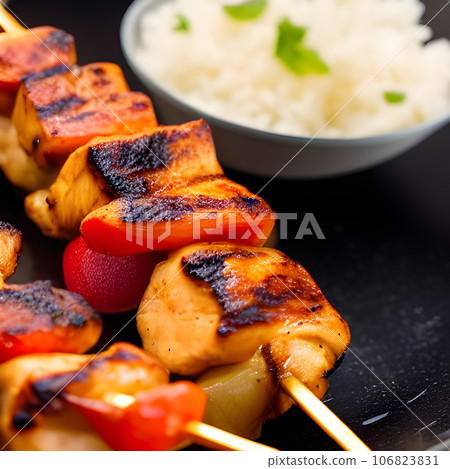 Barbecue, chicken kebab with vegetables, close up view. grilled meat skewers 106823831