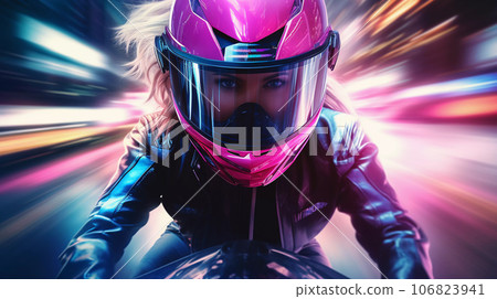 Cyberpunk Girl on Motorbike Blurred Neon City Background Cyberpunk Girl on Motorbike Blurred Neon City Background 106823941