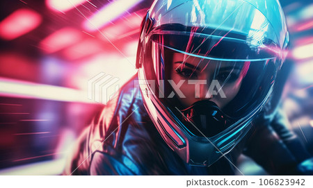 Cyberpunk Girl on Motorbike Blurred Neon City Background Cyberpunk Girl on Motorbike Blurred Neon City Background 106823942