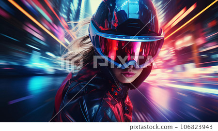 Cyberpunk Girl on Motorbike Blurred Neon City Background Cyberpunk Girl on Motorbike Blurred Neon City Background 106823943