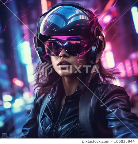 Cyberpunk Girl on Motorbike Blurred Neon City Background 106823944
