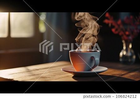 coffee on a wooden table , morning routine. Tiny house. First property. Small apartment interior design. Minimalism. Moving in. Living alone. Charming trailer house with the morning sun 106824212