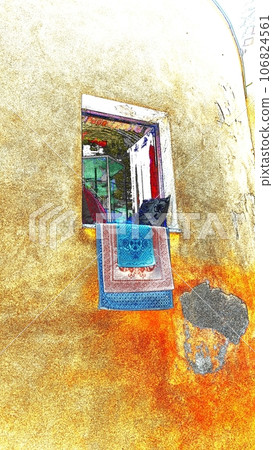 Colorful rugs and two patterned pillows on an open window of a historic downtown building. Colorful rugs and two patterned pillows on an open window of a historic downtown building. 106824561