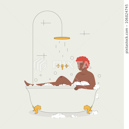 Black woman bathing and relaxing lying in bathtub vector illustration. Black woman bathing and relaxing lying in bathtub vector illustration. 106824745