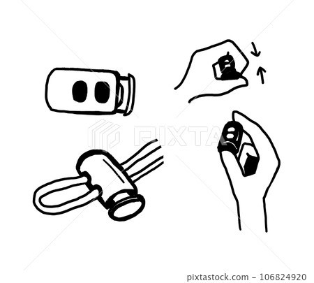 Illustration of a cord stopper (string stopper) alone, with a cord passed through it, and how it is pinched by hand during use Illustration of a cord stopper (string stopper) alone, with a cord passed through it, and how it is pinched by hand during use 106824920