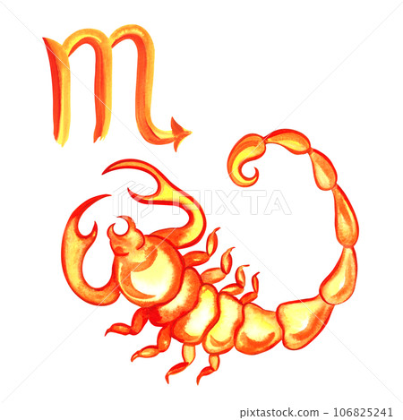 Scorpio. Zodiac sign by horoscope. The watercolor is hand-drawn. Artistic, color, colorized illustration. Isolate. For astrological forecasts, calendars, printed products. Scorpio. Zodiac sign by horoscope. The watercolor is hand-drawn. Artistic, color, colorized illustration. Isolate. For astrological forecasts, calendars, printed products. 106825241