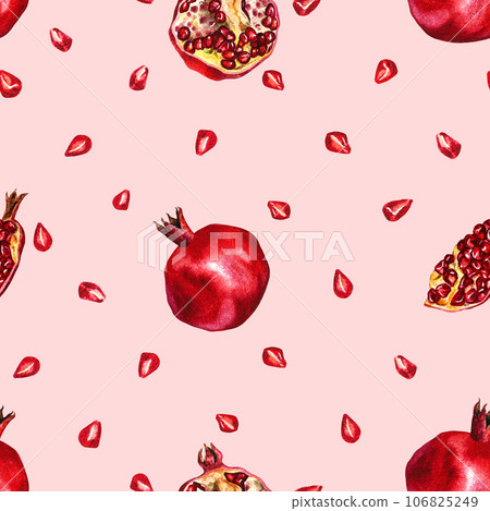 Seamless pattern of pomegranate. Watercolor illustration. For labels, packaging, textiles, postcards, etc Seamless pattern of pomegranate. Watercolor illustration. For labels, packaging, textiles, postcards, etc 106825249