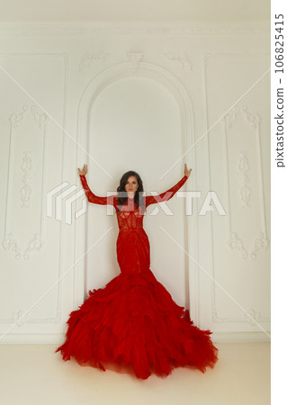 Portrait of a gorgeous young brunette woman in marsala red dress Portrait of a gorgeous young brunette woman in marsala red dress 106825415