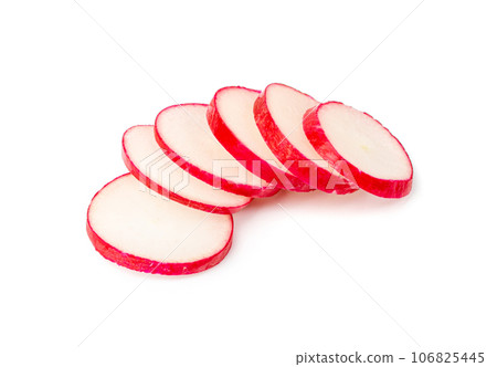 Sliced Radish Roots Isolated, Red Root Round Cuts, Red Radishes Slice Pile, Radis Cross Sections on White Sliced Radish Roots Isolated, Red Root Round Cuts, Red Radishes Slice Pile, Radis Cross Sections on White 106825445
