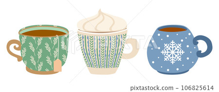 Three cups of warming drinks. Set of vector flat illustrations isolated on white. Winter Hot Chocolate, Coffee, Cocoa beverage in mugs with Christmas decoration. Holiday card template, Poster, print. Three cups of warming drinks. Set of vector flat illustrations isolated on white. Winter Hot Chocolate, Coffee, Cocoa beverage in mugs with Christmas decoration. Holiday card template, Poster, print. 106825614