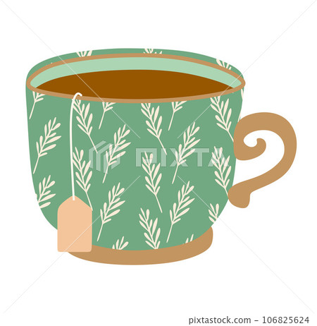 Tea in a cup with Tea bag isolated on a white. Warming Winter and Autumn drink to strengthen the immune system. Flat vector illustration. Green Mug with Floral decoration. Element for design. Tea in a cup with Tea bag isolated on a white. Warming Winter and Autumn drink to strengthen the immune system. Flat vector illustration. Green Mug with Floral decoration. Element for design. 106825624