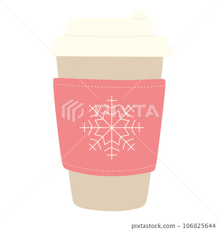 Paper cup of Coffee with Showflake. Vector illustration in Flat cartoon style isolated in white. Hot chocolate, seasonal warm drink for walk. Winter design element for Holiday Special offer, Postcard 106825644