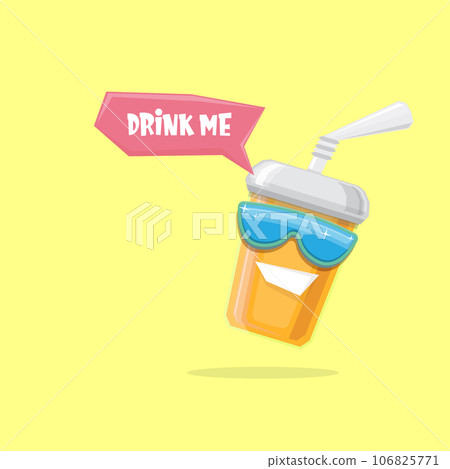vector funny cartoon cuteorange party paper cola cup with straw and sunglasses isolated on yellow background. funky smiling summer drink character 106825771